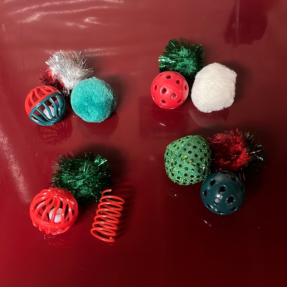 3/$12 Add-On 3-pk Cat Toys Balls Jingle Fuzzy Spring Sparkly Kitten Green Red